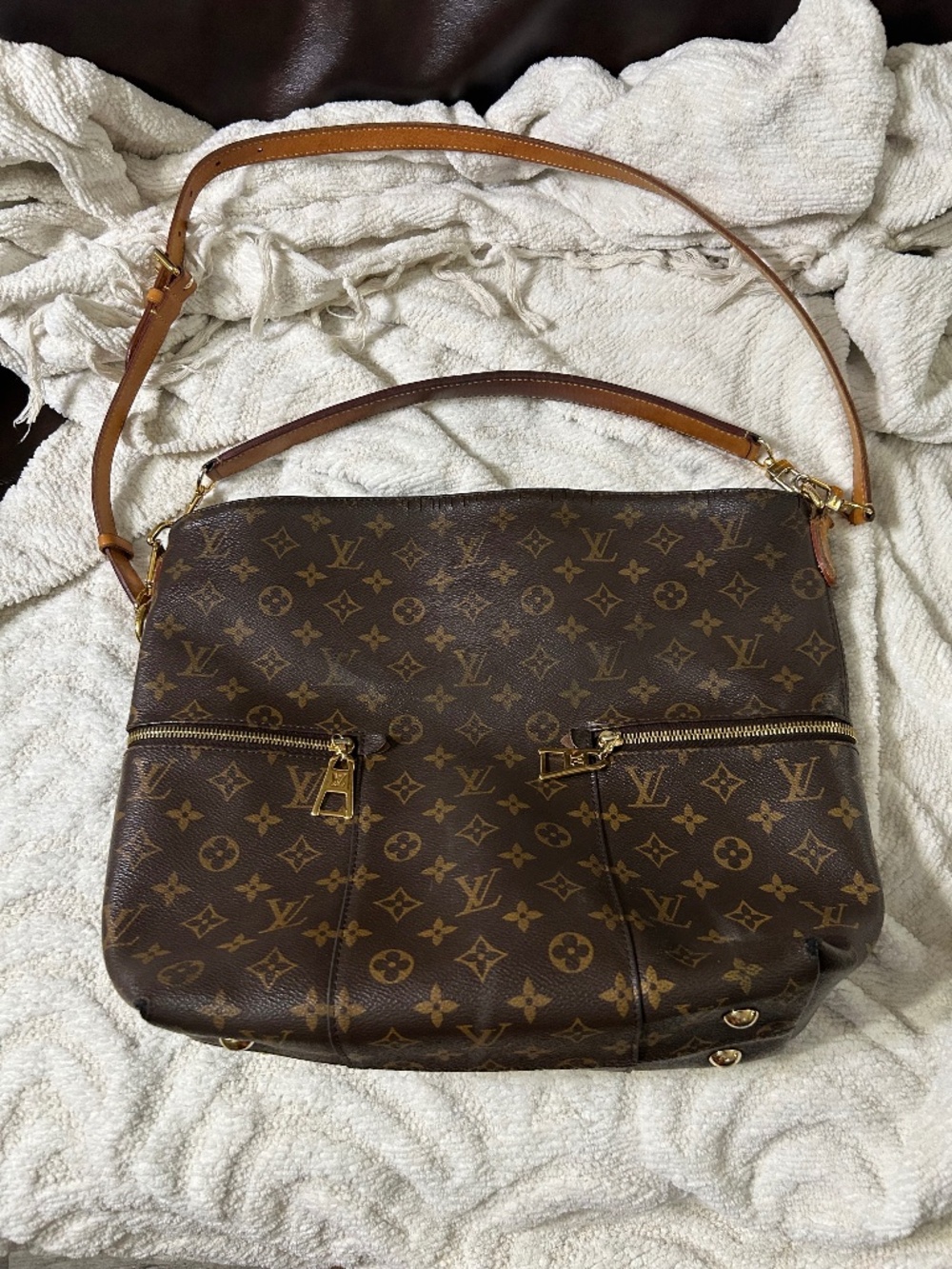 Louis Vuitton Brown Monogram Shoulder Bag with Tan Leather Trim